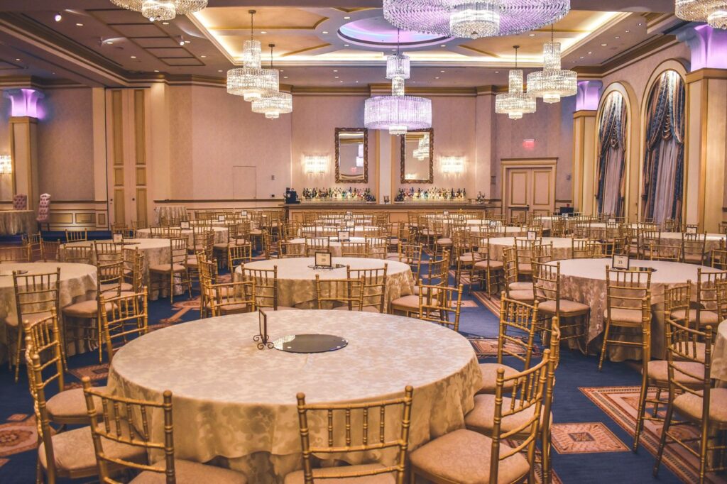 Hotel ballroom set with round tables